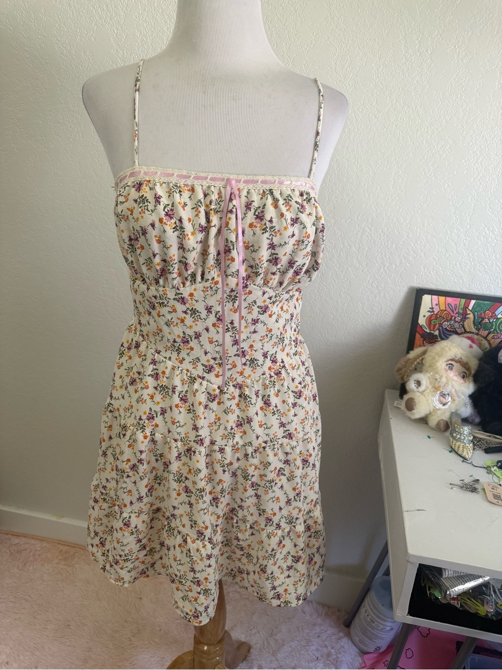 Monteau Cream Floral Spaghetti-Strap Maxi Dress with Pink Tie